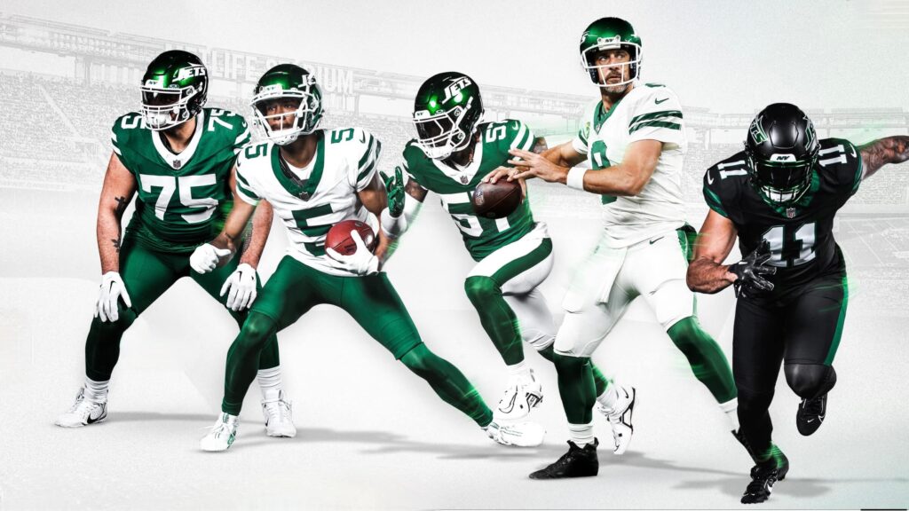 General Uniform Design Features Feature Description Primary Uniform Color White with Green accents Alternate Uniform Color All-Black Throwback Uniform All-White (Joe Namath era) Pants Options Green and White pants available Helmet Design Green shell with Legacy logo Numeral Font Classic Champion numeral font Table 2: Color Schemes Uniform Type Primary Color Secondary Color Accent Color Primary White Green Black Alternate Black Green White Throwback (Namath) White Green Gray Table 3: Material Specifications Component Material Used Jersey Fabric Moisture-wicking polyester Pants Fabric Durable synthetic blend Helmet Material Polycarbonate with a gloss finish Socks Material Cotton blend with elastic support